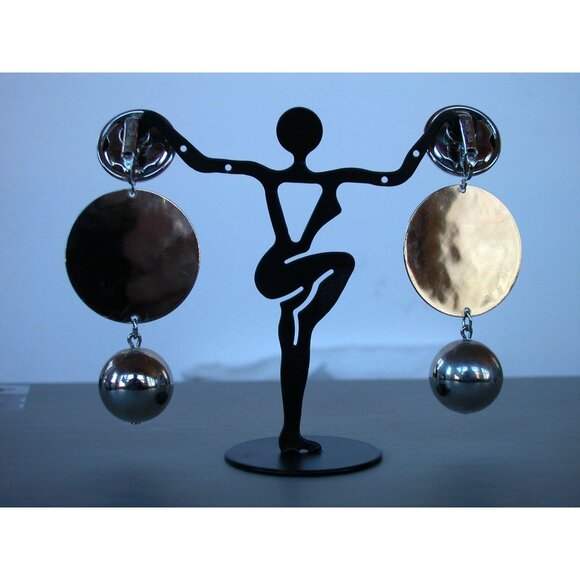 Vintage Brutalist Gold & Silver Tone Statement Necklace & Clip-On Earrings Set 1 - Picture 7 of 14